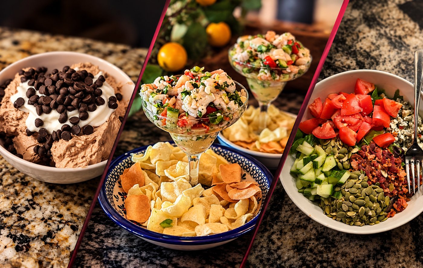 Chocolate mousse, shrimp ceviche, and salad
