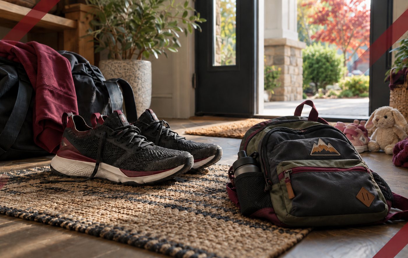 Running shoes and backpack by the front door